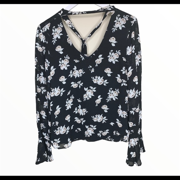 SANCTUARY Anthro Rosie Tie Blouse W Long Bell Style Sleeves Black Floral Size XS - Picture 5 of 13